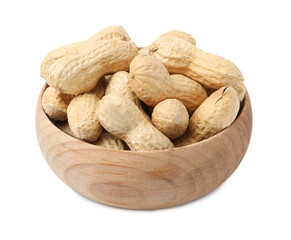 Unpeeled peanuts in bowl isolated on white
