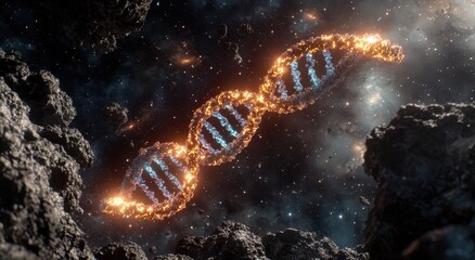 Fiery DNA helix in space, surrounded by asteroids.  A glowing, fiery double helix DNA structure floats amidst a cosmic backdrop of asteroids and nebulae