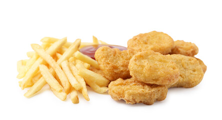 Tasty chicken nuggets and french fries with sauce isolated on white