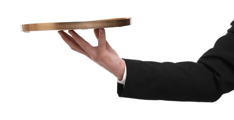 Man with empty tray on white background, closeup
