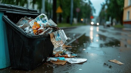 Overflowing Trash Bin on City Street After Rain, Discarded Papers and Litter Scatter on Wet Pavement, Urban Waste Management Challenge in a Rainy Environment