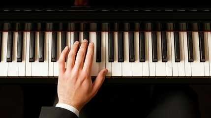 Close-up view of a hand playing piano keys.