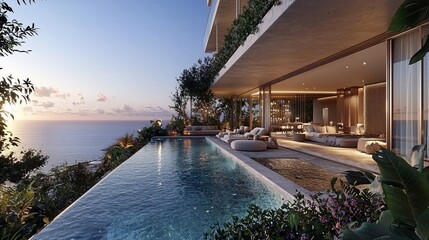 Fototapeta premium Luxurious cliffside infinity pool overlooking the ocean. Tranquil, modern, and spacious living area seamlessly integrated with outdoor space