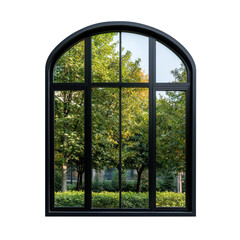Elegant arch window with black frame showcasing vibrant green trees and lush foliage in bright natural light on transparent background