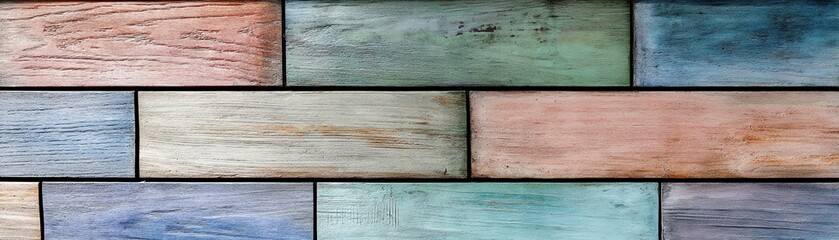 Colorful wooden planks arranged in a horizontal pattern, textured surface, isolated.