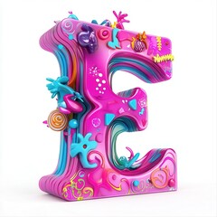 Whimsical, textured, letter E decorated with colorful candy, swirls, and floral elements