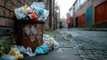 A Chaotic Scene of Litter Accumulating in an Urban Alleyway with a Rusty Trash Can Overflowing with Plastic Bags and Debris Amidst Cobblestone Pathways