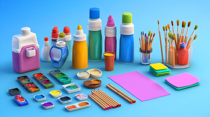 Colorful Art Supplies Collection On Blue Background