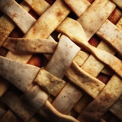 Close-up of a freshly baked pie crust, woven and golden brown, isolated background.