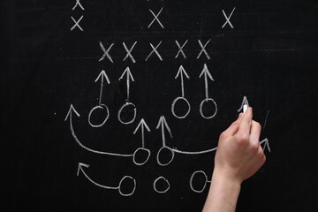 Man drawing American football game scheme on chalkboard, closeup
