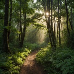 A narrow dirt path winding through a lush green forest, with soft beams of sunlight breaking through the trees and morning dew on the leaves.