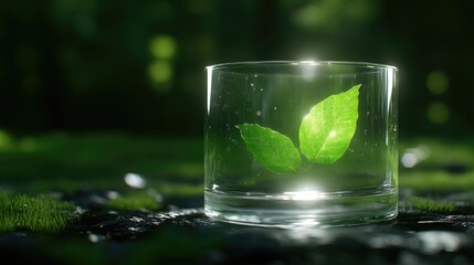 Fresh leaves inside a clear glass, nestled on mossy ground, bathed in sunlight