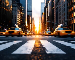 A bustling city street with yellow taxis and skyscrapers, illuminated by the setting sun at a crosswalk.