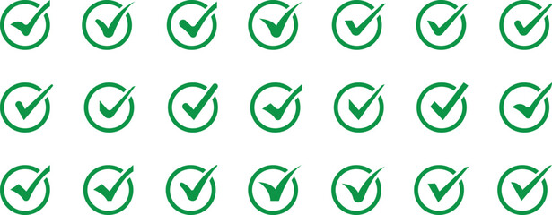Check mark icons set. Green check mark, tick symbols, checklist signs, green checkmark isolated on white background. Flat and modern checkmark design, vector illustration. 