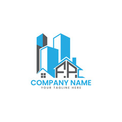 Fototapeta premium Modern Real Estate Logo Design – Blue Building Icon Template for Construction or Property Business