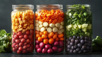 Three glass jars filled with layered colorful fruits and vegetables. Showcase healthy meal prep ideas, dieting, fresh produce, and vegan food.