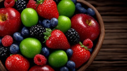 Fototapeta premium Fresh assorted fruits in a wooden bowl, including strawberries, apples, and berries