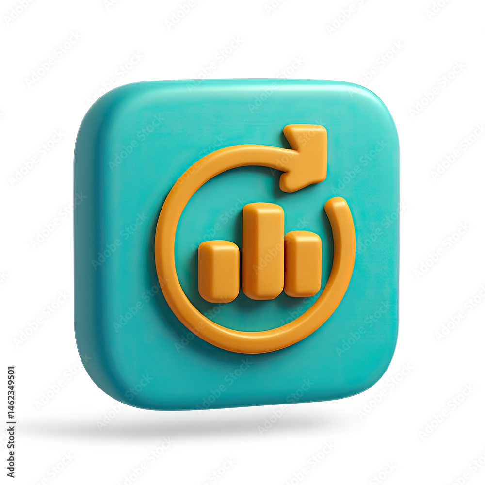 Poster 3d render of teal and gold app icon with graph and refresh symbol