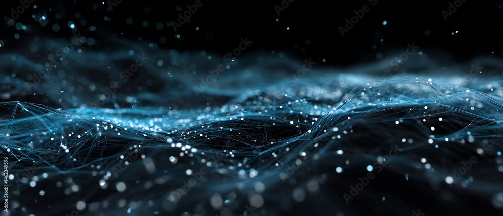 Poster abstract digital network connection with glowing nodes and lines on black background