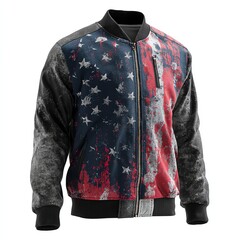 Stylish bomber jacket featuring vibrant American flag design, white isolate background