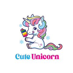 Cute Vector Illustration of a Rainbow Unicorn Eating Ice Cream
