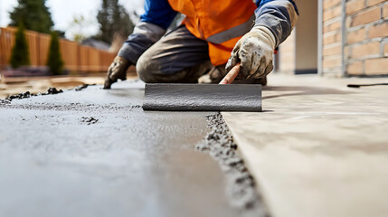 Construction Worker Smoothing Concrete Surface