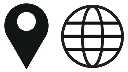 set of black world globe earth web map and location pointer pin or you are here marker sing icon