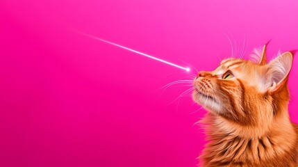 Orange tabby cat plays with a laser pointer, its beam shining directly on the feline's nose against a bright pink background.