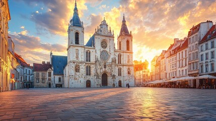 Obraz premium European church square at sunset