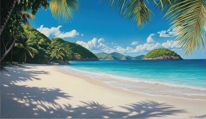 Tropical Beach Paradise Scene With Palm Trees And Turquoise Water