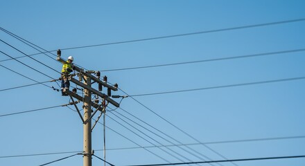 Electrician Working on High Voltage Power Lines Ensuring Safe and Reliable Energy Distribution