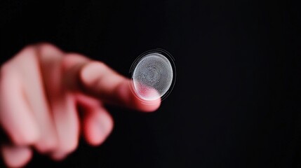 Close-up view of a fingertip interacting with a digital fingerprint.