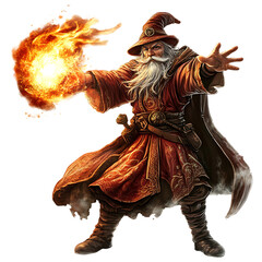 A Cartoon Wizard Casting a Fireball Isolated on Transparent Background
