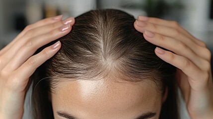 Naklejka premium Close-up of a woman's hand touching her hairline on her head, showing thinning and falling out hair from baldness or alopecia, a hair loss concept.