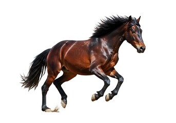 Fototapeta premium A brown horse with a black mane and tail is running fast on a white background in a studio shot image