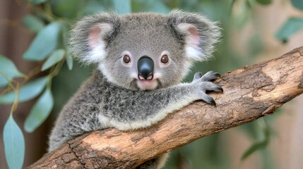 Adorable baby koala clinging to a branch