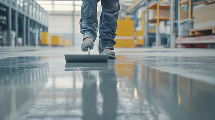 Worker Applying Epoxy Coating to Industrial Floor