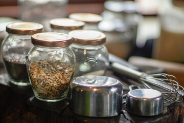 Seeds and grain on jars baking ingredients