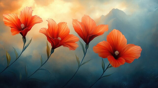 Four vibrant orange hibiscus flowers are painted against soft gradient backdrop. Ideal for promoting mindfulness, beauty, and calming natural aesthetics.
