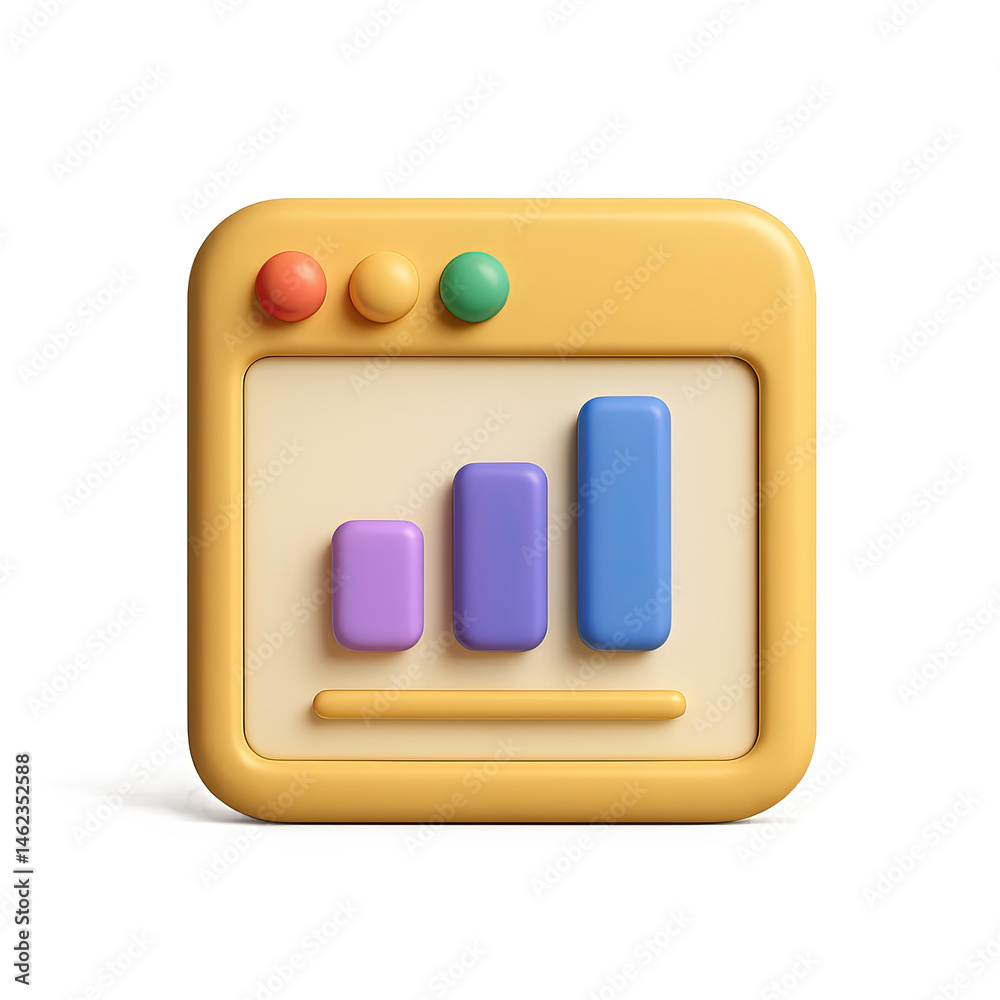 Poster 3d render of yellow square app icon showing a colorful bar graph
