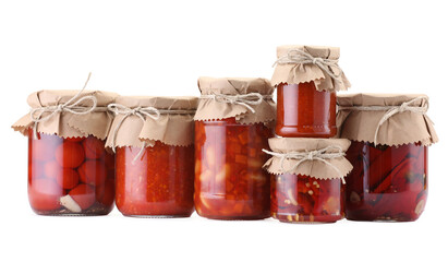 Many jars with different pickled products isolated on white