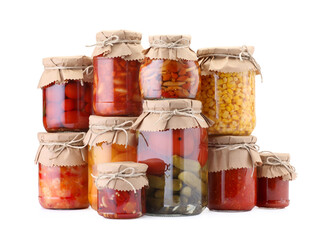 Many jars with different pickled products isolated on white