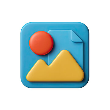 3D Rendered Blue Image File Icon with Orange Sun and Yellow Mountains
