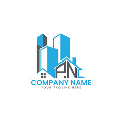 Fototapeta premium Modern Real Estate Logo Design – Blue Building Icon Template for Construction or Property Business