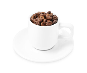 Aromatic coffee beans in cup isolated on white