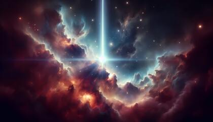 Fototapeta premium Celestial light beam through nebula. Spiritual or cinematic feel with a light beam breaking through colorful clouds in space. Generative AI