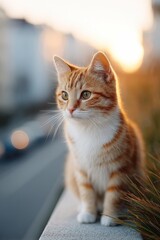 Fototapeta premium cat sitting on sun-drenched urban balcony amidst cityscape negative space above and around cat provides abundant copy