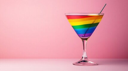Rainbow colored liquid fills a clear martini glass, adorned with a silver stirrer against a pink backdrop.