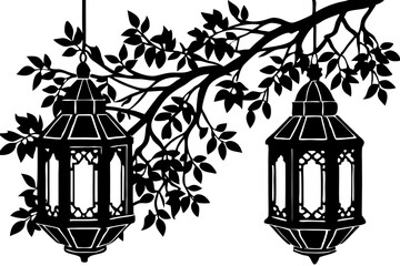 Silhouette of two lanterns hanging from a branch with leaves, silhouette, lantern, tree, branch, leaves, hanging, decoration, light, vector, design, illustration, nature, pattern, art, graphic