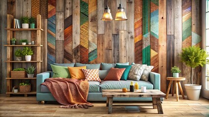Rustic Cozy Retreat: Weathered Wood Pallet Accent Wall with Eclectic Furnishings